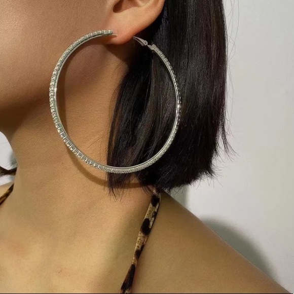 Platinum Plated Rhinestone Big Hoop Earrings - Picture 3 of 4